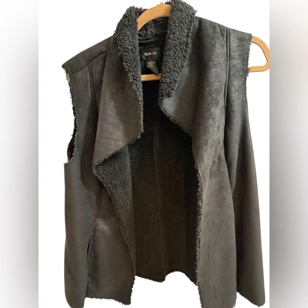 Style & Co Faux Suede Faux Fur Lined Draped Open Front Vest Women’s Size L Black